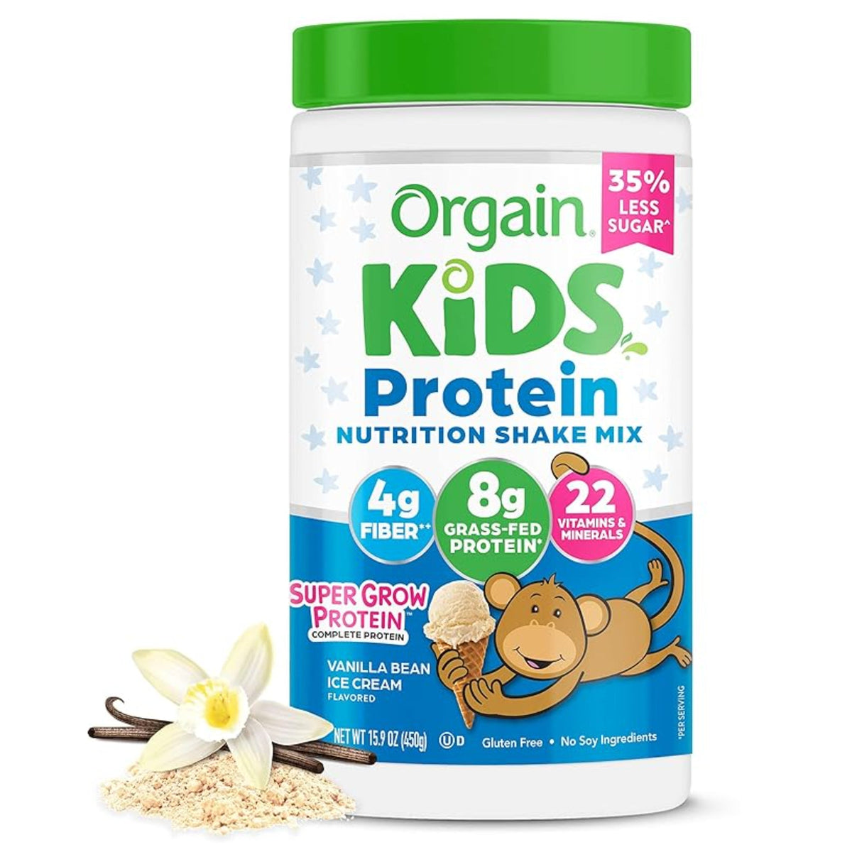 Orgain Kids Protein Powder Shake Mix, Vanilla Bean Ice Cream - 8g Grass-Fed Dairy Protein, 4g Fiber, 22 Vitamins & Minerals, Gluten Free, No Soy Ingredients, Adds Healthy Nutrients to Kids Snacks, 1lb