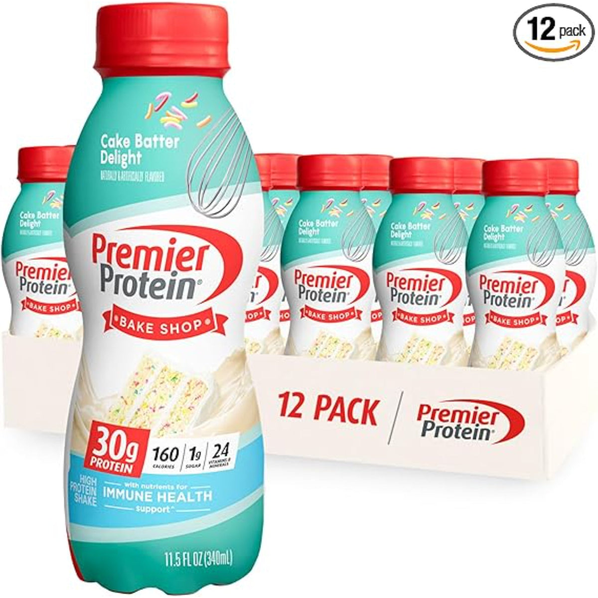 Premier Protein Shake, Cake Batter, 30g Protein, 1g Sugar, 24 Vitamins & Minerals, Nutrients to Support Immune Health, 11.5 Fl Oz, 12 Count