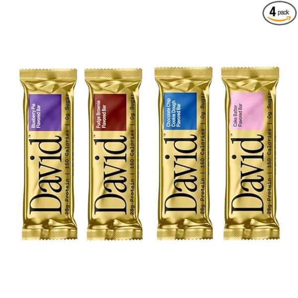 David, Protein Bar, Sample Pack, Variety Pack, Pack of 4 Protein Bars | 28g of Protein | 150 Calories | 0g of Sugar - High Protein, Low Carb, Gluten Free Protein Bar