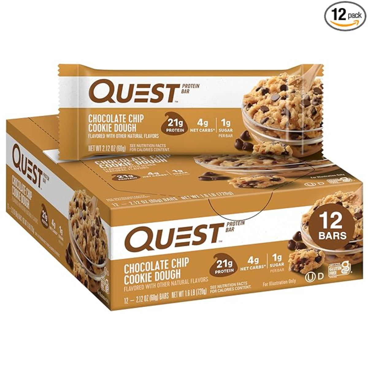 Quest Nutrition Chocolate Chip Dough Cookie Protein Bars, 21g Protein, 1g Sugar, 4g Net Carb, Gluten Free, Keto Friendy, 12 Count