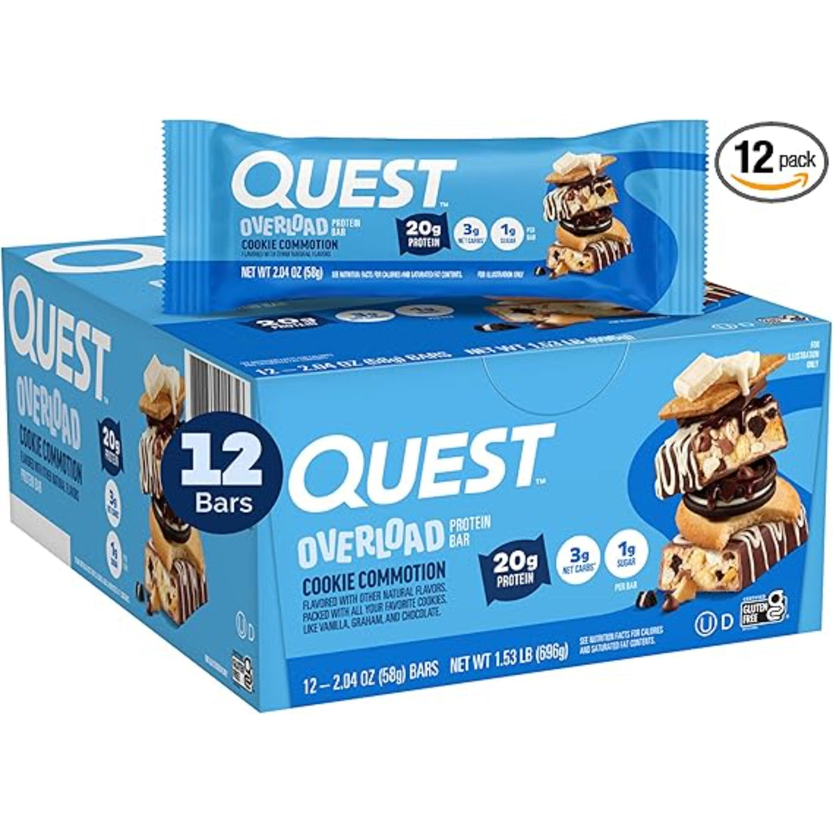 Quest Nutrition Overload Protein Bars, Cookie Commotion, 20g Protein, 1g Sugar, 3g Net Carbs, Gluten Free, 12 Count