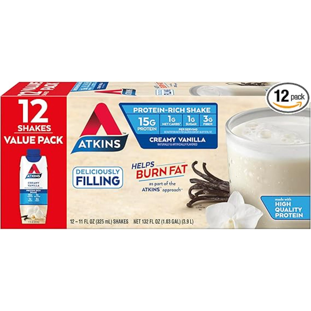 Atkins Creamy Vanilla High Protein Shake, 15g Protein, Low Glycemic, Low Carb and Low Sugar Shakes, Keto Friendly, 12 Vanilla Flavored Protein Shakes