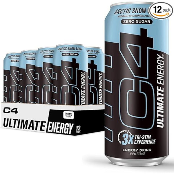 C4 Ultimate Sugar Free Energy Drink 16oz (Pack of 12) | Arctic Snow Cone | Pre Workout Performance Drink with No Artificial Colors or Dyes