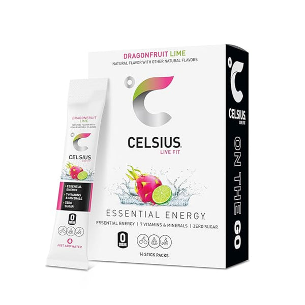CELSIUS® On-the-Go Powder Sticks Dragonfruit Lime, Essential Energy 2.8 Oz (14 Sticks per Pack)