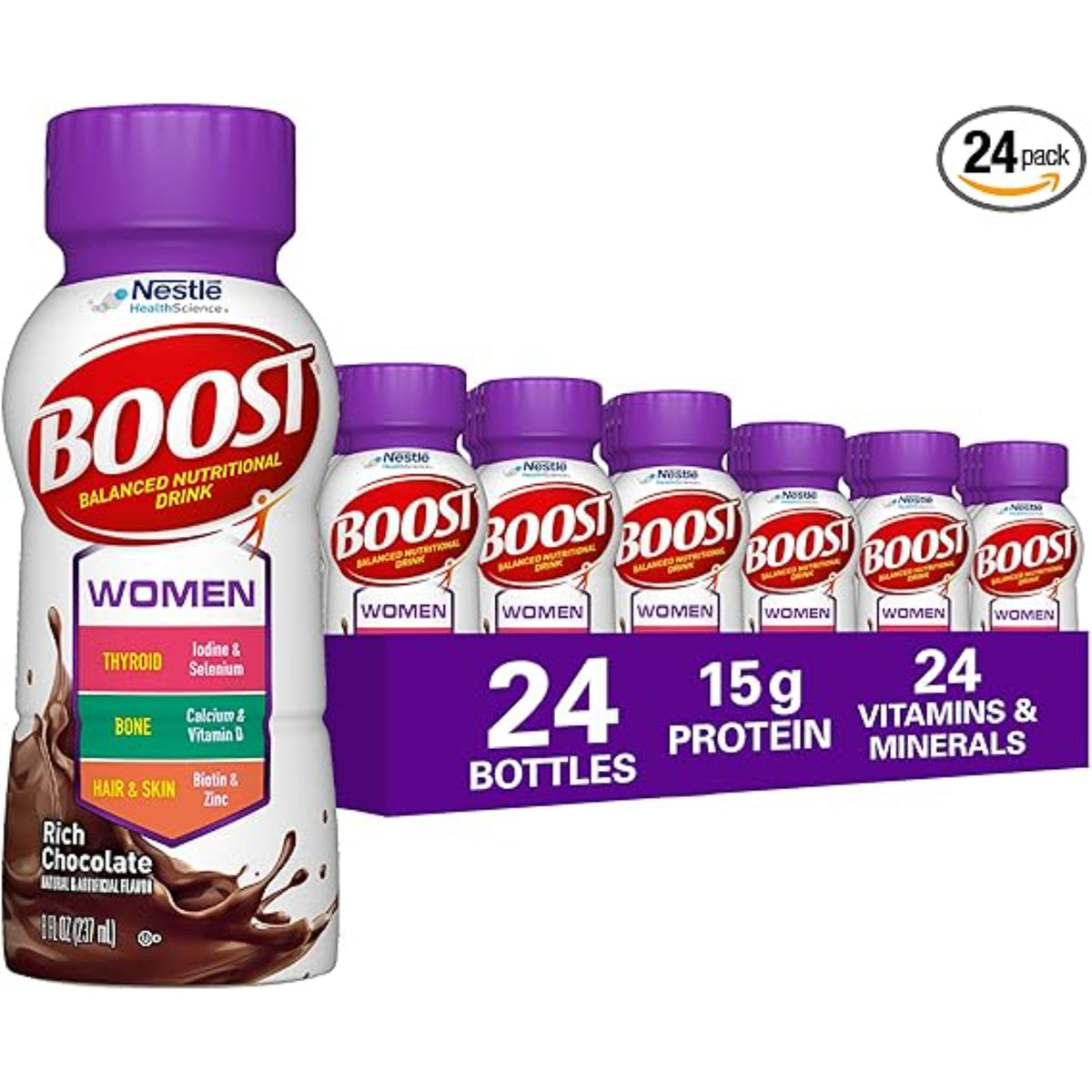 BOOST Women Balanced Nutritional Drink, Rich Chocolate, 8 fl oz (Pack of 24)