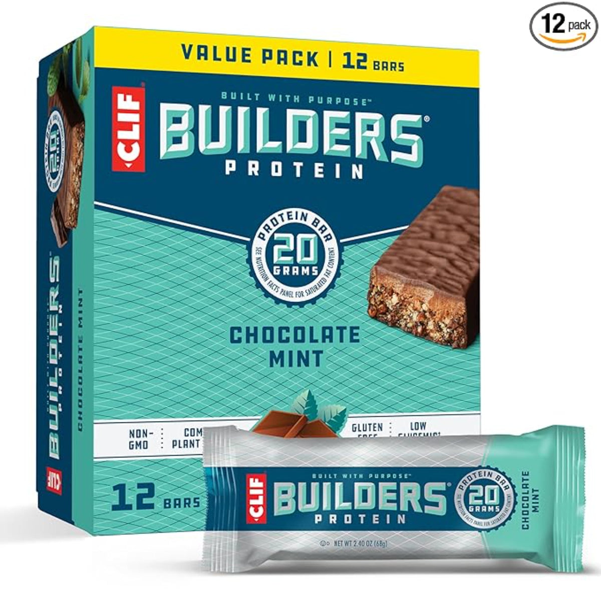 CLIF BUILDERS Protein Bars - Chocolate Mint Flavor - 20g Plant Based Protein - Gluten Free - Non-GMO - Low Glycemic - No Artificial Sweeteners - Value Pack, 2.4 oz. (12 Count)
