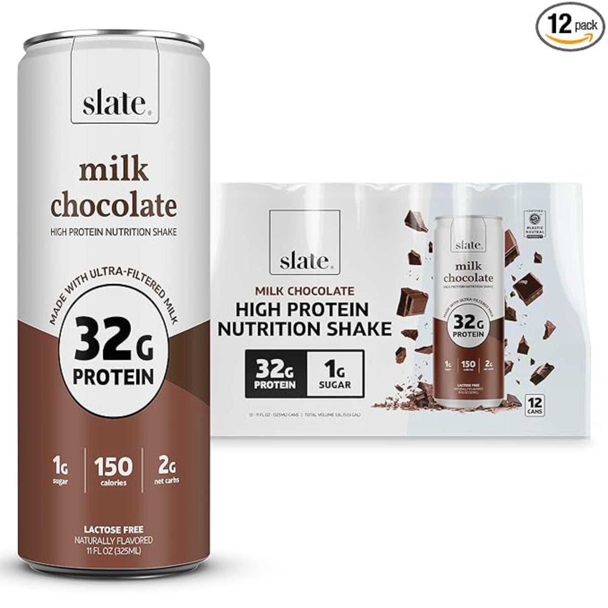 Slate Milk - High Protein Nutrition Shake - Milk Chocolate - 32g Protein, 1g Sugar, 150 Calories, 2g Net Carbs - Lactose Free - No Added Sugar - Breakfast Boost, Post Workout - 11 fl oz, 12 Cans
