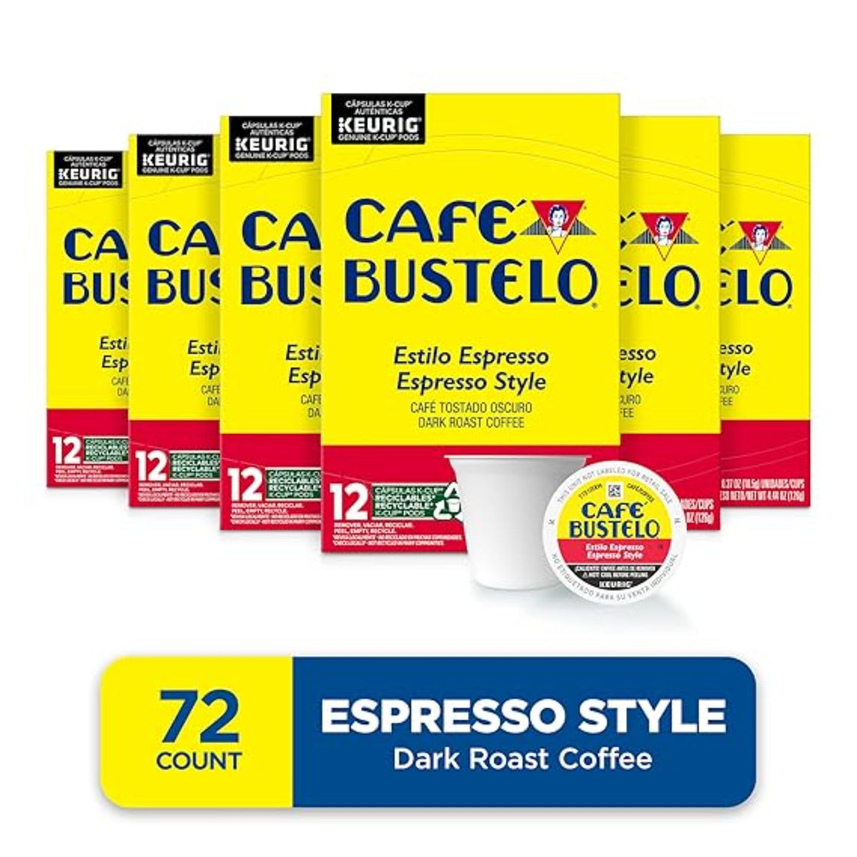 Café Bustelo Espresso Style Dark Roast Coffee, 72 Count Keurig K-Cup Pods