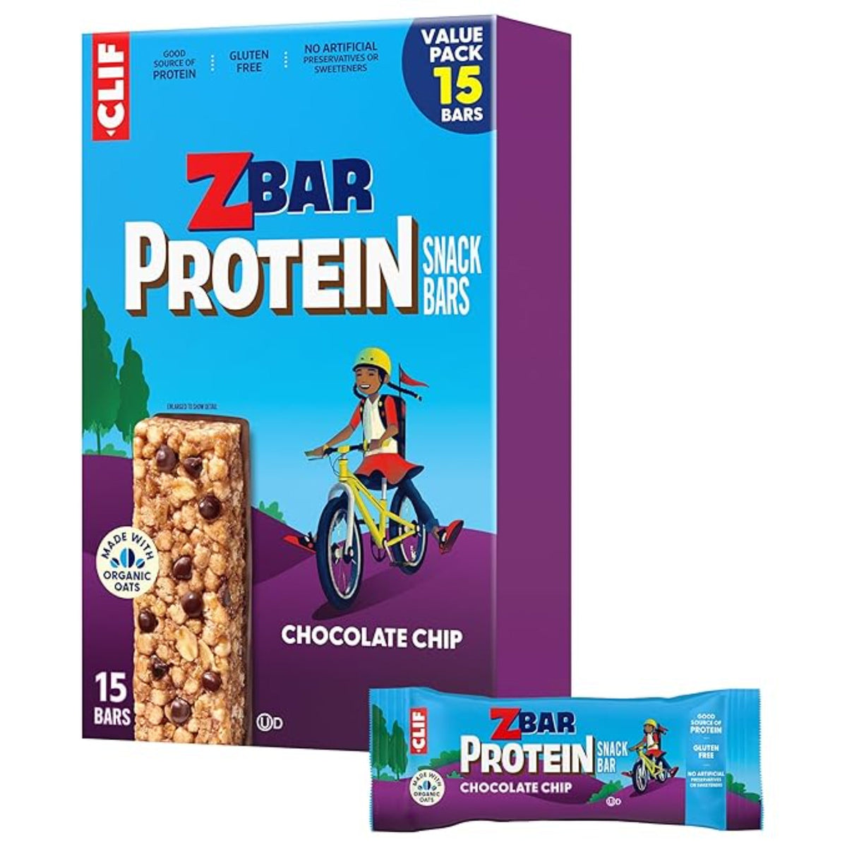 Zbar Protein - Chocolate Chip - Crispy Snack Bars - Made with Organic Oats - Non-GMO - 5g Protein - Gluten Free Protein Bars (15 Pack)