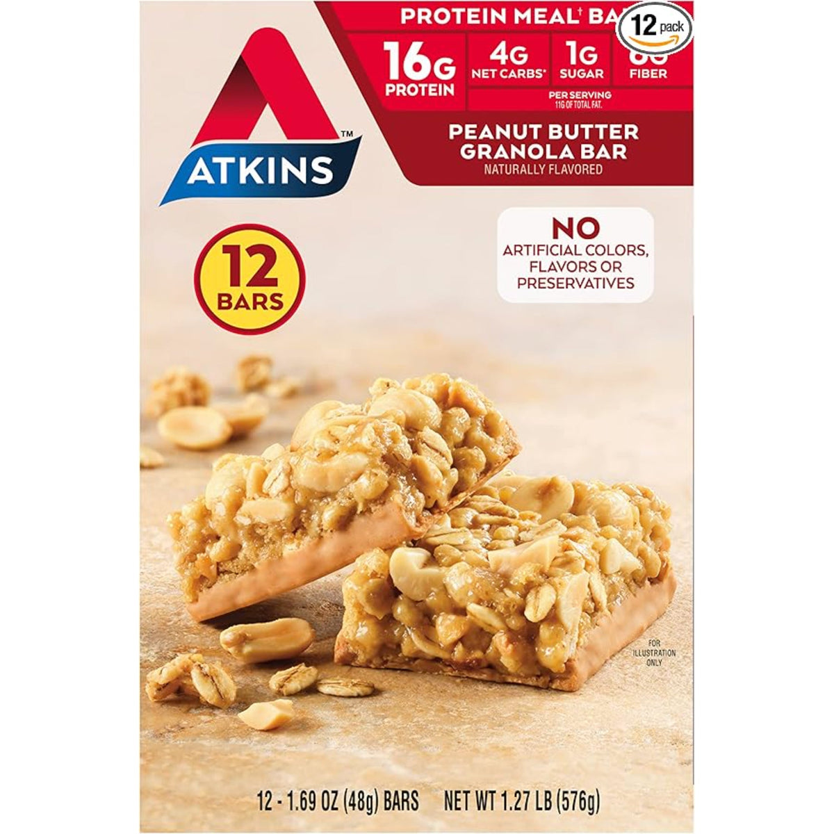 Atkins Peanut Butter Granola High Protein Bar, High Fiber , 16g Protein, 1g Sugar, 4g Net Carb, Keto Friendly, 12 Count