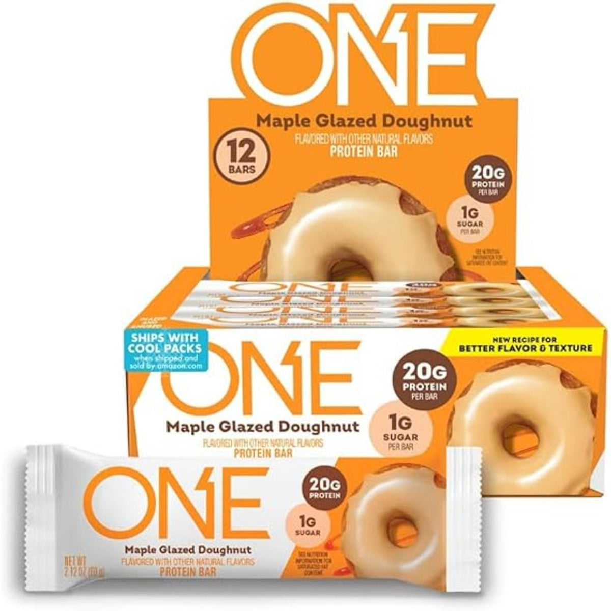 ONE Protein Bars, Maple Glazed Doughnut, Gluten Free with 20g Protein and 1g Sugar, Pantry Staples, 2.12 oz (12 Count)