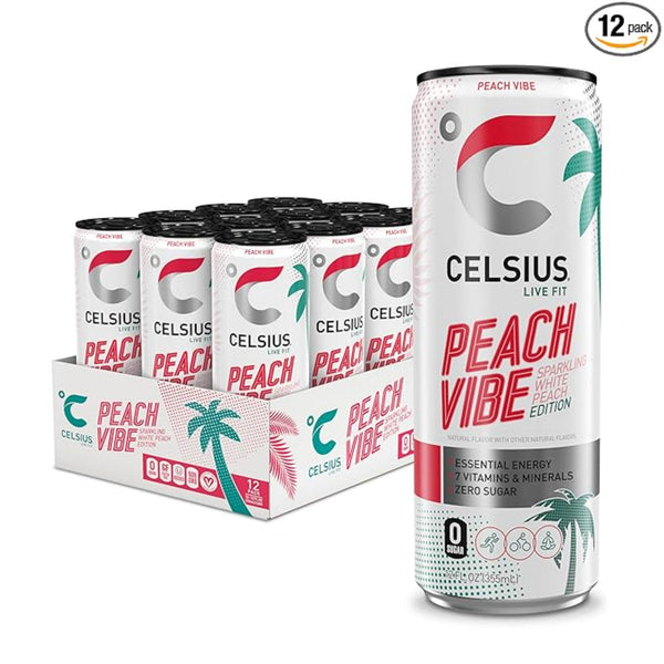 CELSIUS Sparkling Peach Vibe, Functional Essential Energy Drink 12 Fl Oz (Pack of 12)
