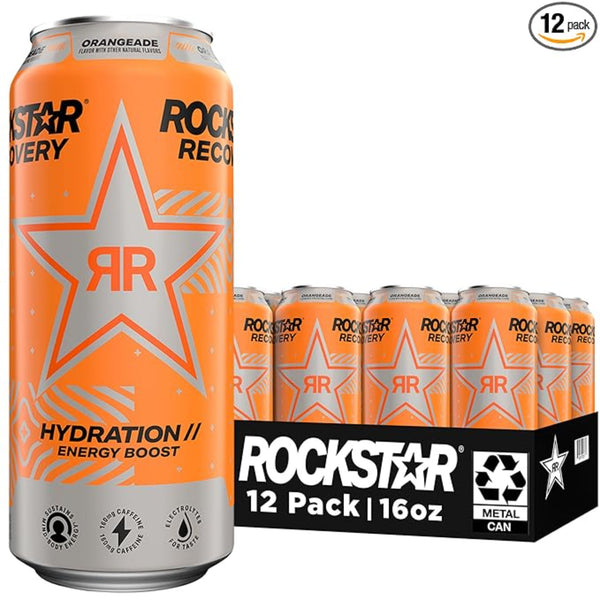 Rockstar Energy Drink with Caffeine Taurine and Electrolytes, Recovery Orange, 16 Fl Oz (Pack of 12)