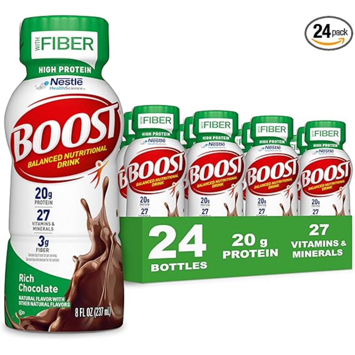 BOOST High Protein with Fiber Ready to Drink Complete Nutritional Drink, Rich Chocolate, 8 fl oz Bottle, 24 Pack