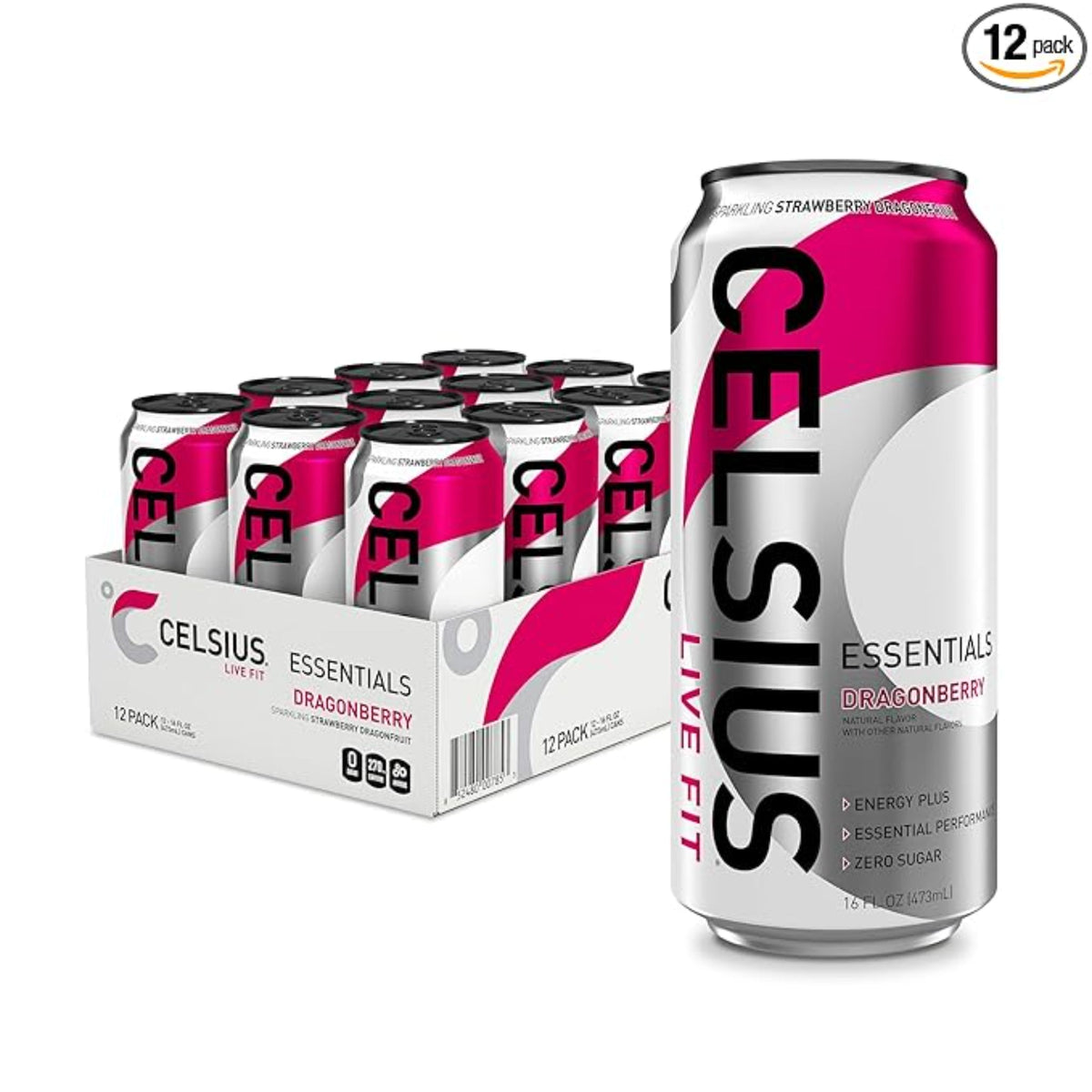CELSIUS ESSENTIALS™ Sparkling Dragonberry, Sugar Free Performance Energy Drink, 16 Fl Oz (Pack of 12)