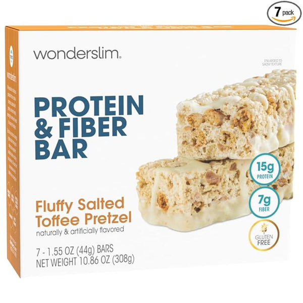 Wonderslim High Fiber Protein Bars, Salted Toffee Pretzel | 15g Protein, 7g Fiber | Low Sugar, Low Carb | Healthy Indulgence | Satisfying, Supports Energy & On-the-Go Convenience, 7 Pack