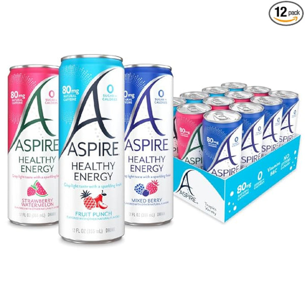 ASPIRE® The Fan Favorite Variety Pack, Healthy Energy Drink 80mg Natural Caffeine, Zero Sugar No Carbs Keto Friendly, 12 Pack Green Tea Sugar Free Drink Low Caffeine Zero Calorie