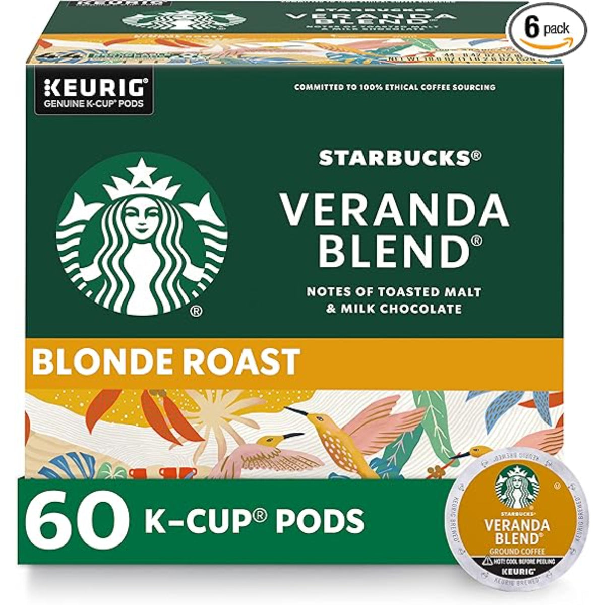 Starbucks K-Cup Coffee Pods, Starbucks Blonde Roast Coffee, Veranda Blend for Keurig Brewers, 100% Arabica, 6 boxes (60 pods total)