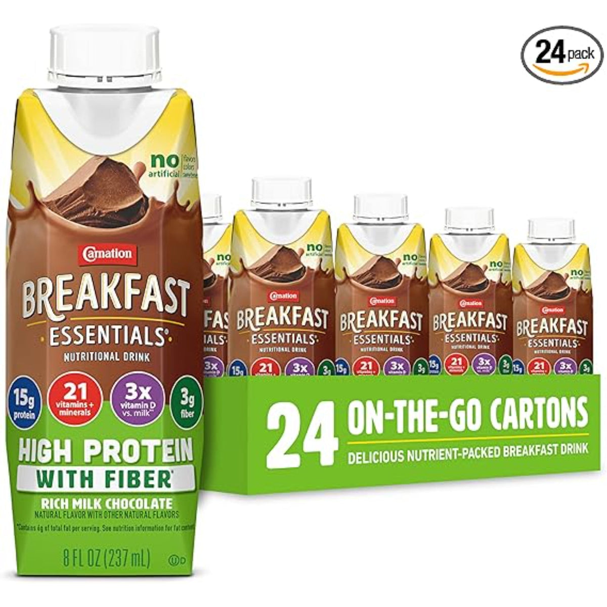 Carnation Breakfast Essentials High Protein with Fiber Ready-to-Drink, 8 FL OZ Carton, Rich Milk Chocolate (Pack of 24)