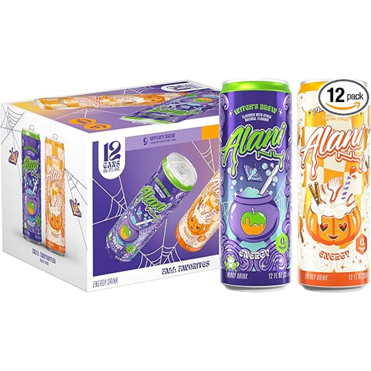 Alani Nu VARIETY PACK - WITCH'S BREW & PUMPKIN CREAM Sugar Free, Low Calorie Energy Drinks, 200mg Caffeine, Antioxidants, Biotin B Vitamins, Zero Sugar, 15 Calories or Less, 12 Fl Oz Cans (12 Pack)