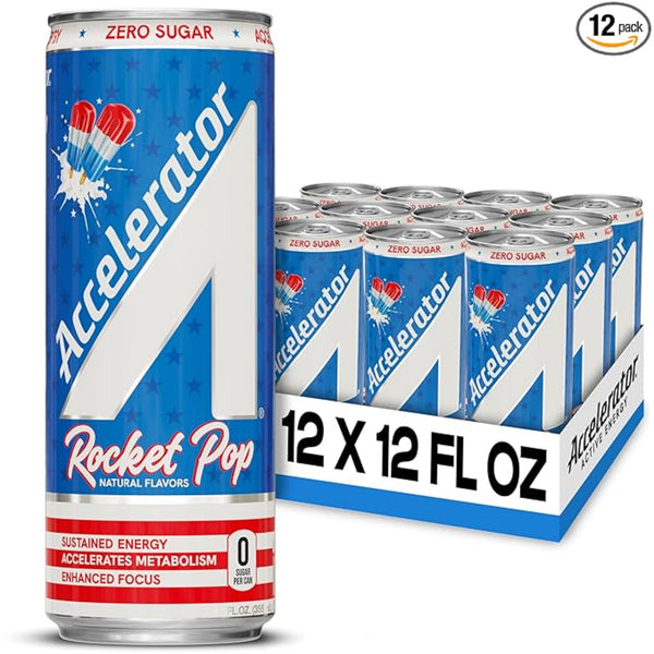 Accelerator Active Energy Drink Sugar Free Zero Carbs, Rocket Pop 12oz can(12 pack) Enhanced Focus & Sustained Energy from 100% Natural Caffeine (200mg), Ashwagandha, Coq10 & Green Tea Extract