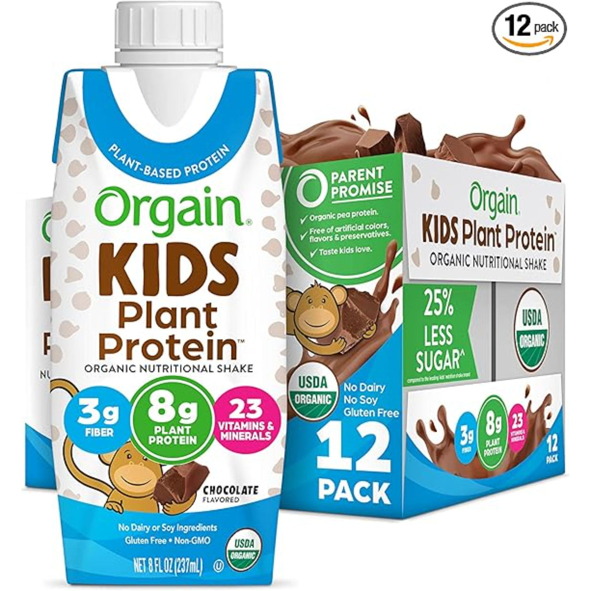 Orgain Organic Kids Nutritional Vegan Protein Shake, Chocolate - Healthy Kids Snacks, 8g Plant Protein, 23 Vitamins & Minerals, 3g Fiber, No Dairy & Soy Ingredients, Non-GMO, 8 Fl Oz (Pack of 12)
