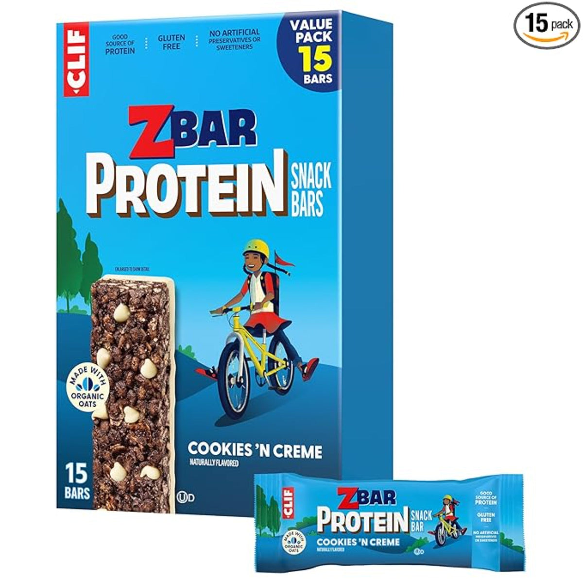 Zbar Protein - Cookies 'N Creme - Crispy Snack Bars - Made with Organic Oats - Non-GMO - 5g Protein - Gluten Free Protein Bars, School Snacks (15 Pack)