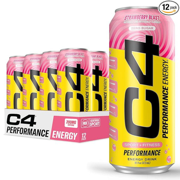 Cellucor C4 Performance Energy Drink | Strawberry Blast | Zero Sugar Carbonated Preworkout Energy | 200mg Caffeine with Beta Alanine | 16 Fl Oz (12 Pack)