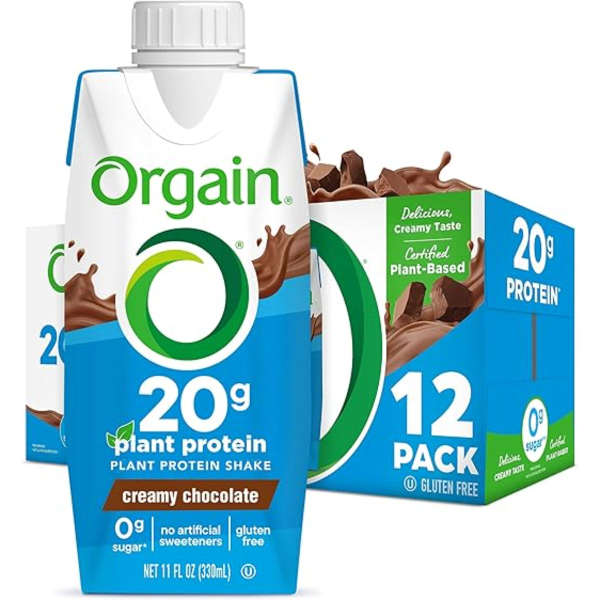 Orgain Organic Vegan Protein Shake, Creamy Chocolate - 20g Plant Based Protein, Ready to Drink, Fruits & Vegetables, Gluten Free, Kosher, No Soy or Dairy Ingredients, 11 Fl Oz (Pack of 12)