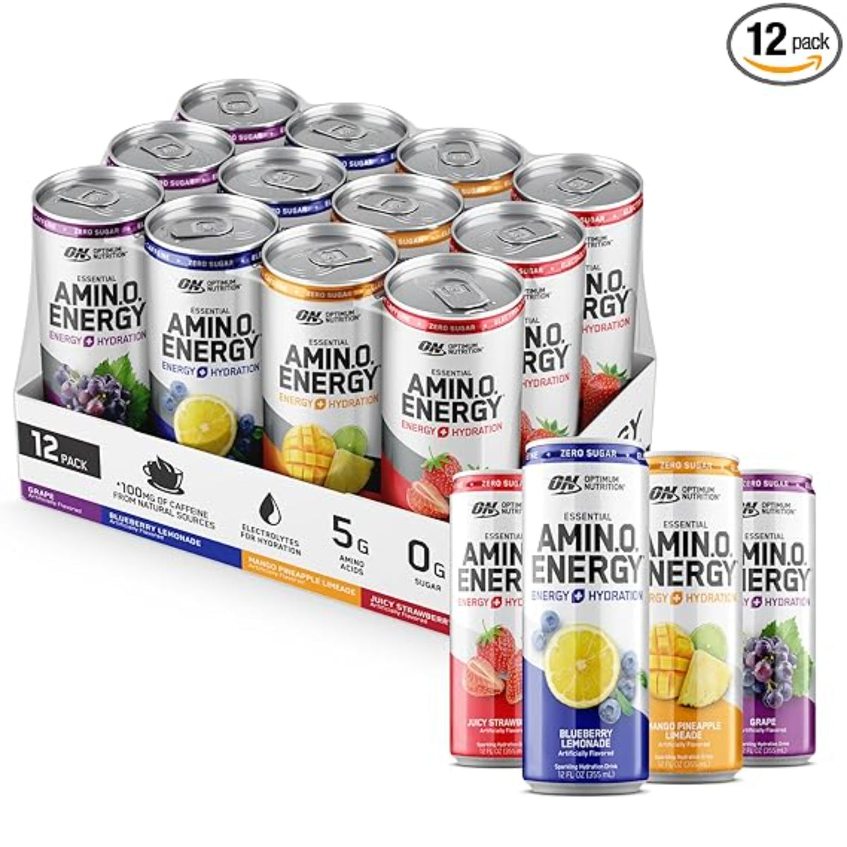 Optimum Nutrition Amino Energy Sparkling Hydration Drink, Electrolytes, Caffeine, Amino Acids, BCAAs, Sugar Free, 12 Fl Oz, Variety Pack of 12 (Packaging May Vary)