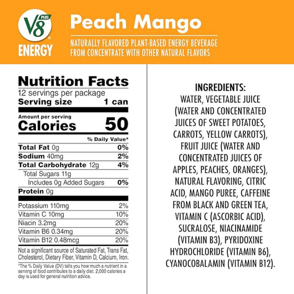 V8 Energy Peach Mango Energy Drink, 8 fl oz Can (12 Pack)