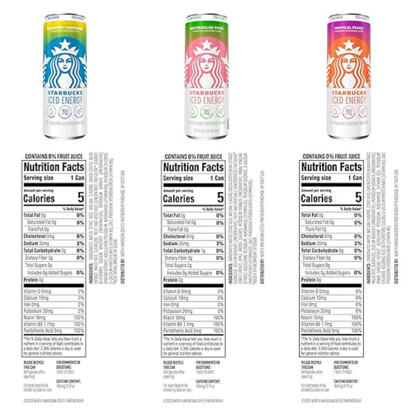 Starbucks Iced Energy Drink, 3 Flavor Variety Pack (Tropical Peach, Watermelon Splash, Blueberry Lemonade), Zero Sugar Energy Drink, Plant Based Caffeine, Hydration, Mental Clarity, 12 Fl Oz Cans (Pack of 12)