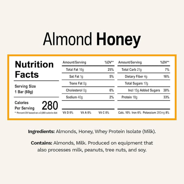 Rise Breakfast Whey Protein Bars Almond Honey, 18g Protein, 2.01 oz (12 Pack)