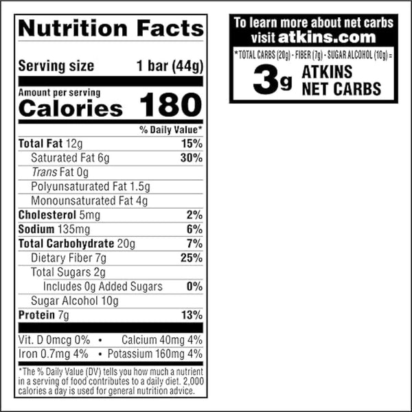 Atkins Caramel Chocolate Nut Roll Snack Bar, Protein Snack , 7g Protein, 2g Sugar, Rich in Fiber, 16 Count