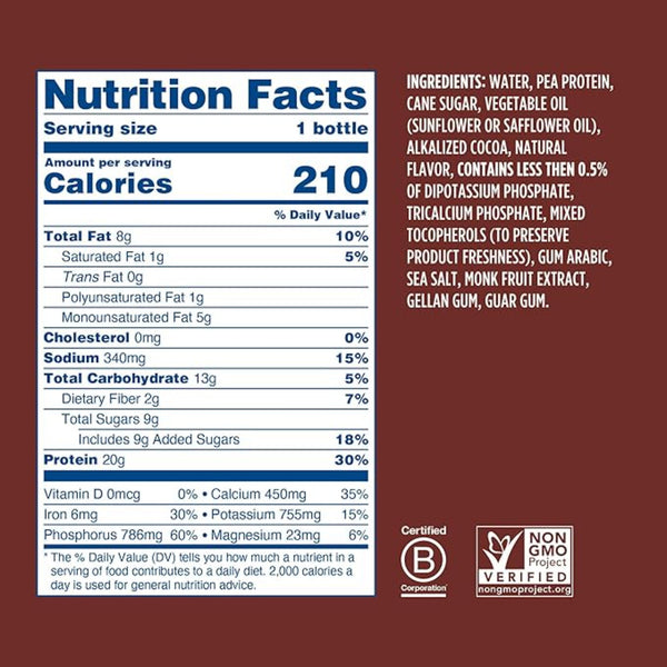 Ripple Vegan Protein Shake | Chocolate | 20g Nutritious Plant Based Pea Protein | Shelf Stable | No GMOs, Soy, Nut, Gluten, Lactose | 12 Oz, 12 Pack