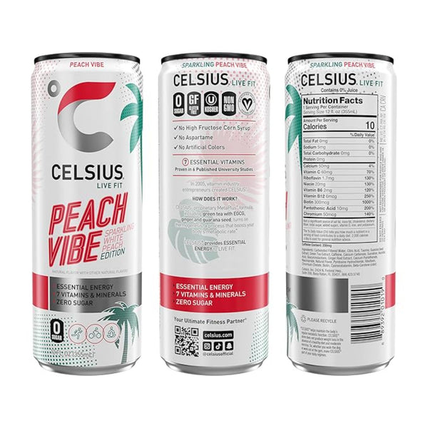 CELSIUS Sparkling Peach Vibe, Functional Essential Energy Drink 12 Fl Oz (Pack of 12)