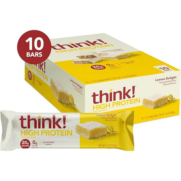 think! Protein Bars, High Protein Snacks, Gluten Free, Kosher Friendly, Lemon Delight, Nutrition Bars, 2.1 Oz per Bar, 10 Count (Packaging May Vary)