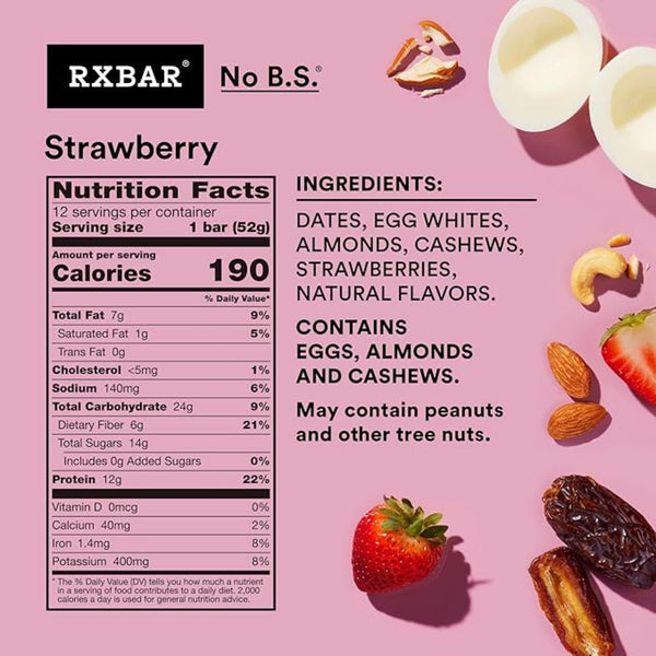 RXBAR Protein Bars, 12g Protein, Gluten Free Snacks, Strawberry, 22oz Box (12 Bars)