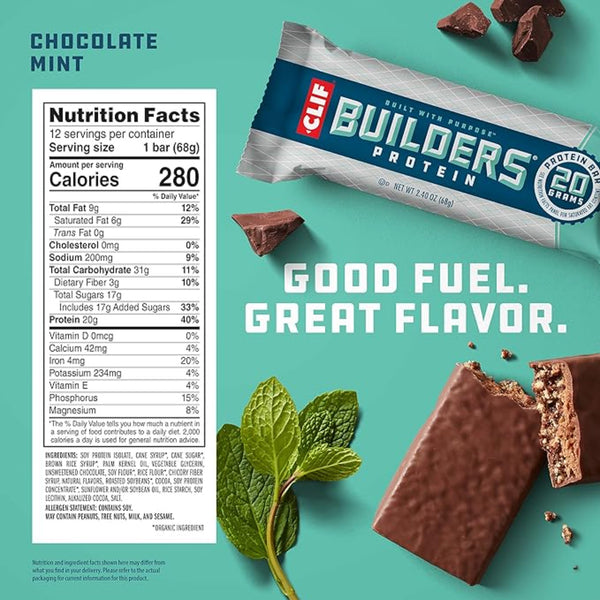 CLIF BUILDERS Protein Bars - Chocolate Mint Flavor - 20g Plant Based Protein - Gluten Free - Non-GMO - Low Glycemic - No Artificial Sweeteners - Value Pack, 2.4 oz. (12 Count)