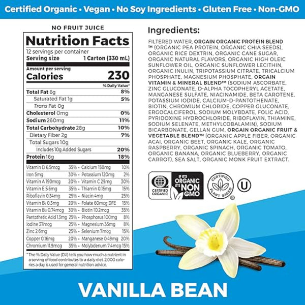 Orgain Organic Nutritional Vegan Protein Shake, Vanilla Bean - 16g Plant Based Protein, Meal Replacement, 21 Vitamins & Minerals, Fruits & Vegetables, Gluten Free, Non-GMO, 11 Fl Oz (Pack of 12)