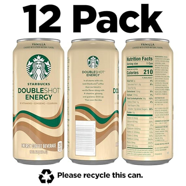 Starbucks Doubleshot Energy Drink Coffee Beverage, Vanilla, Iced Coffee, 15 fl oz Cans (Packaging May Vary) (Pack of 12)