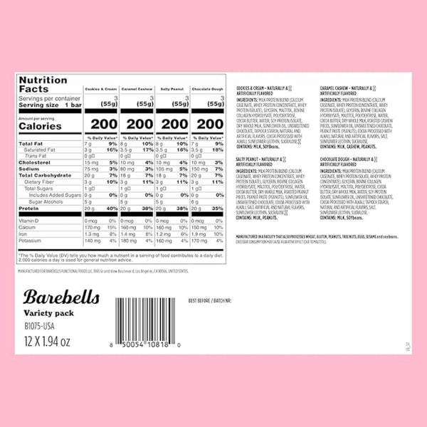 Barebells Protein Bars Variety Pack - 12 Count, 1.9oz Bars - Protein Snacks with 20g of High Protein - Chocolate Protein Bar with 1g of Total Sugars - Perfect on The Go Protein Snack & Breakfast Bars